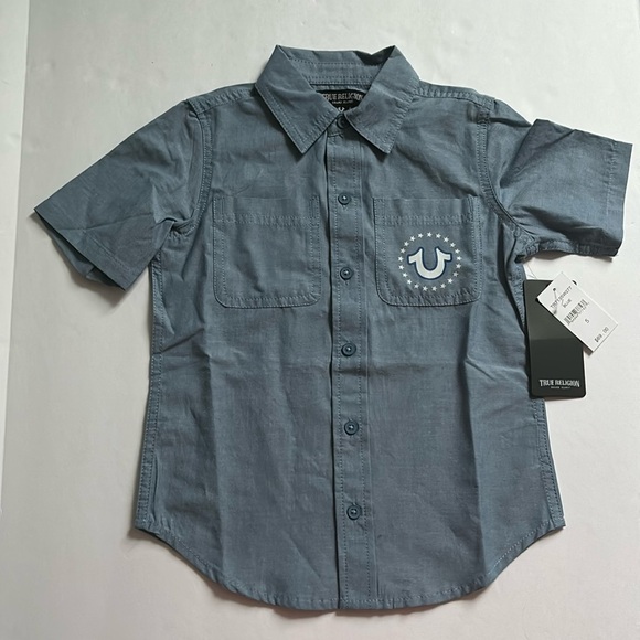 True Religion blue button shirt pocket in front flag design in back boy size 5 - Picture 1 of 7